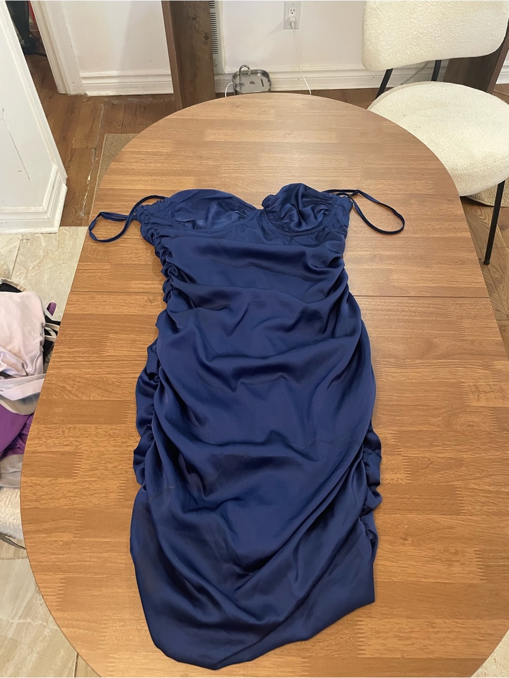 Fashionnova Navy Ruched Satin Slip Dress - Women